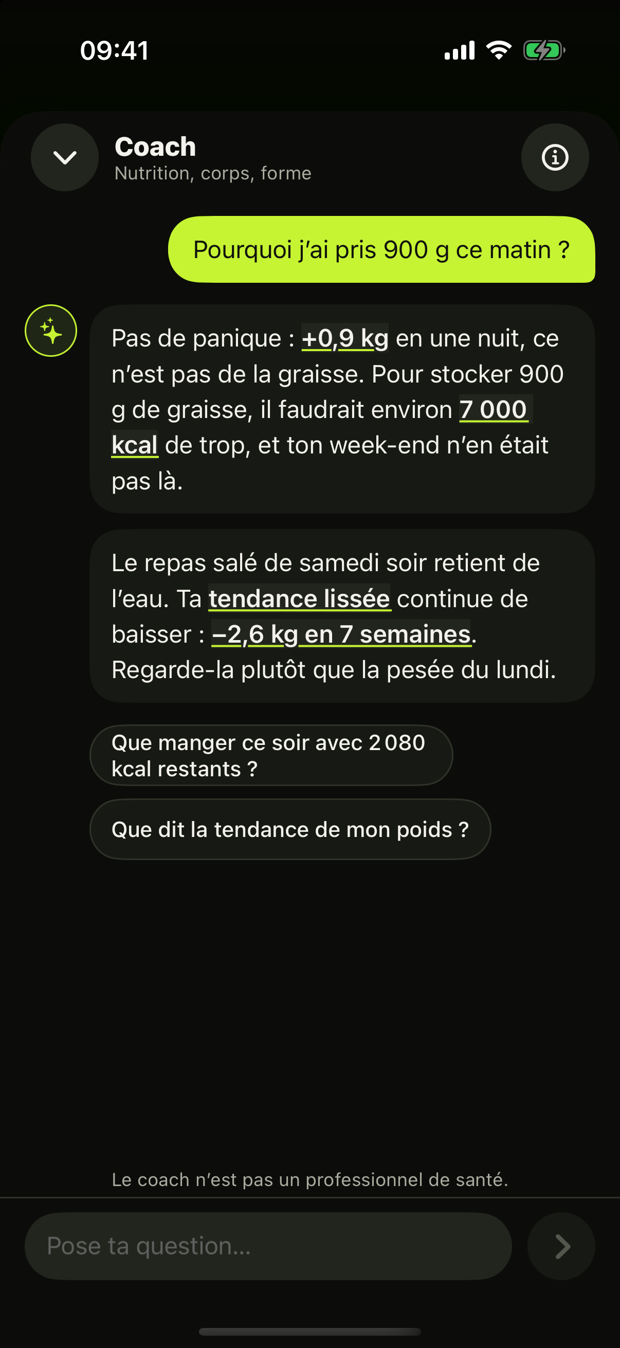 Conversation avec le Coach IA dans l’app oKo : il propose un repas et une séance, tu valides