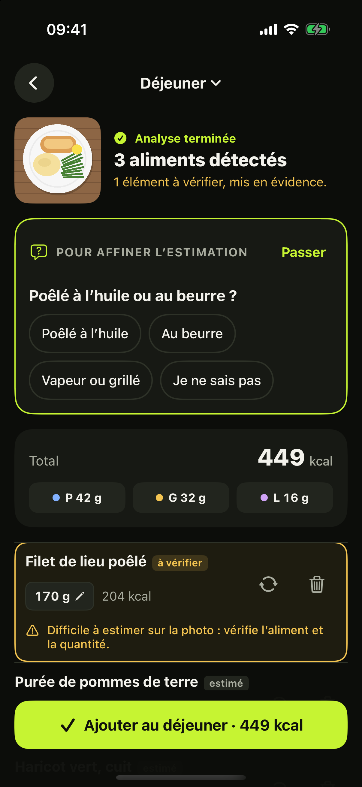 Écran de saisie d’un repas dans l’app oKo, à partir de la photo de l’assiette